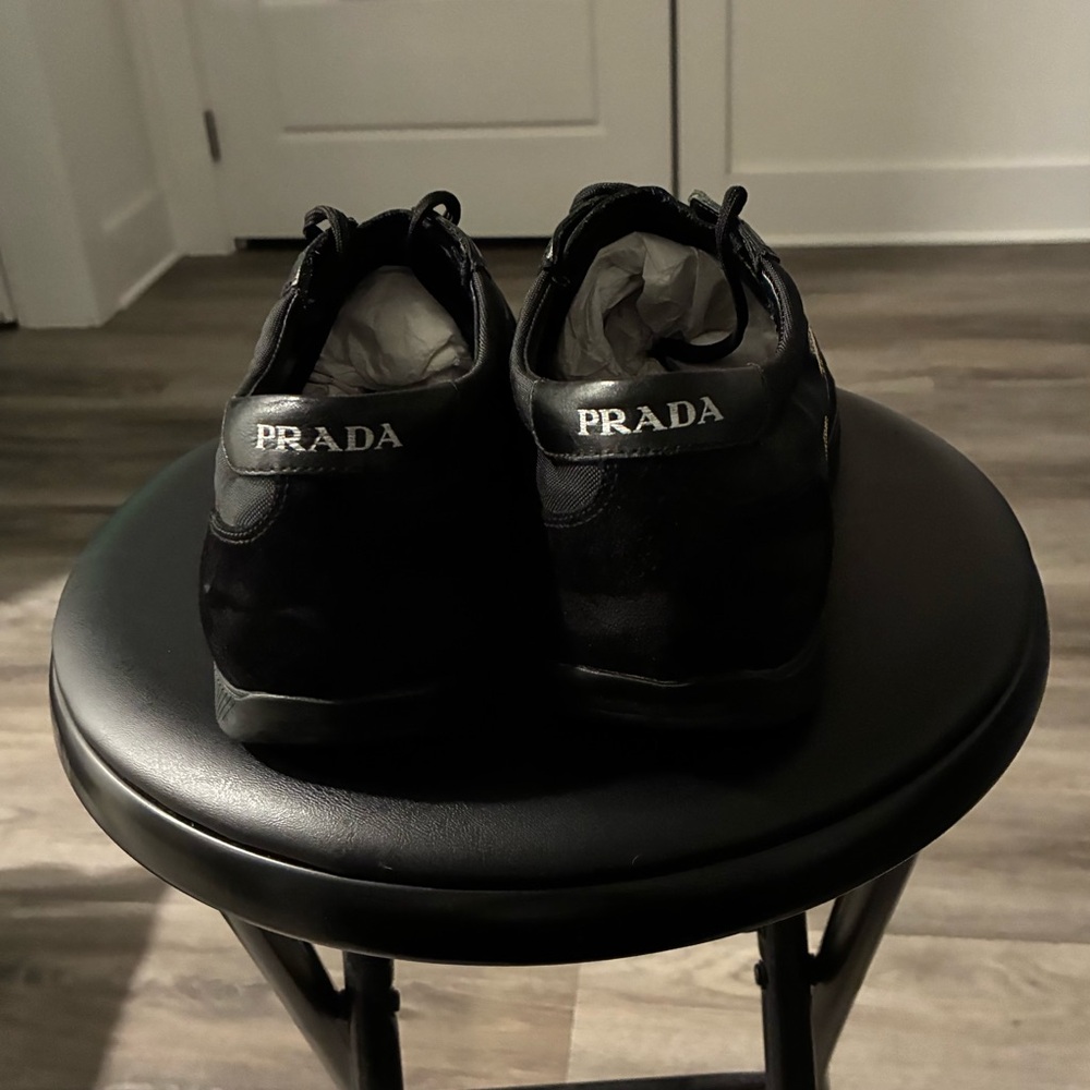 Prada Black Nylon Low-Top Sneakers with Cream Stripe - Picture 2 of 4